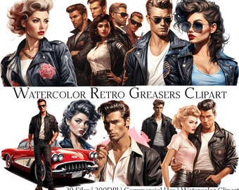 Watercolor Retro Greasers Clipart Set of 20 Files with Instant Download & Commercial Use, PNG + PDF Format, Perfect for Crafts.