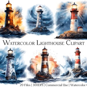 Watercolor Lighthouse Clipart Set of 20 Files with Instant Download & Commercial Use, PNG + PDF Format, Perfect for DIY Crafts