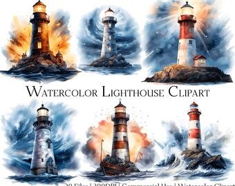 Puede incluir: Conjunto de clipart de acuarela de seis faros en diferentes condiciones climáticas. Los faros son rojos y blancos, o marrones y blancos, con una luz blanca que brilla desde la parte superior. Los faros están colocados sobre un fondo de agua azul, nubes blancas y un cielo tormentoso.