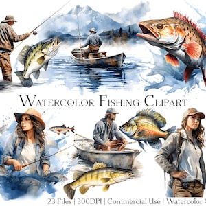 Peut inclure: Clipart de pêche à l'aquarelle avec des illustrations de pêcheurs, de bateaux et de diverses espèces de poissons. L'œuvre d'art est de style aquarelle avec des tons bleus et bruns. Le texte "Watercolor Fishing Clipart" est affiché.
