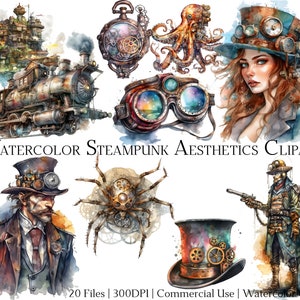 Aquarell Steampunk Ästhetik Clipart-Set mit 20 Dateien mit sofortigem Download und kommerzieller Nutzung, PNG + PDF-Format Perfekt für Heimwerker.