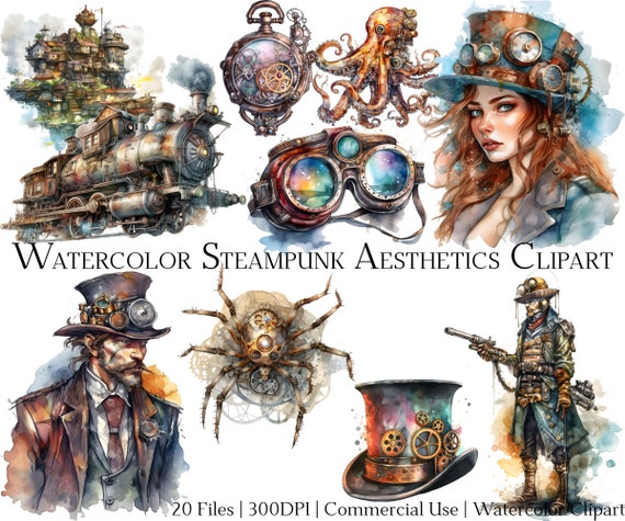 Watercolor Steampunk Clipart Set: Vintage Aesthetics (PNG + PDF)