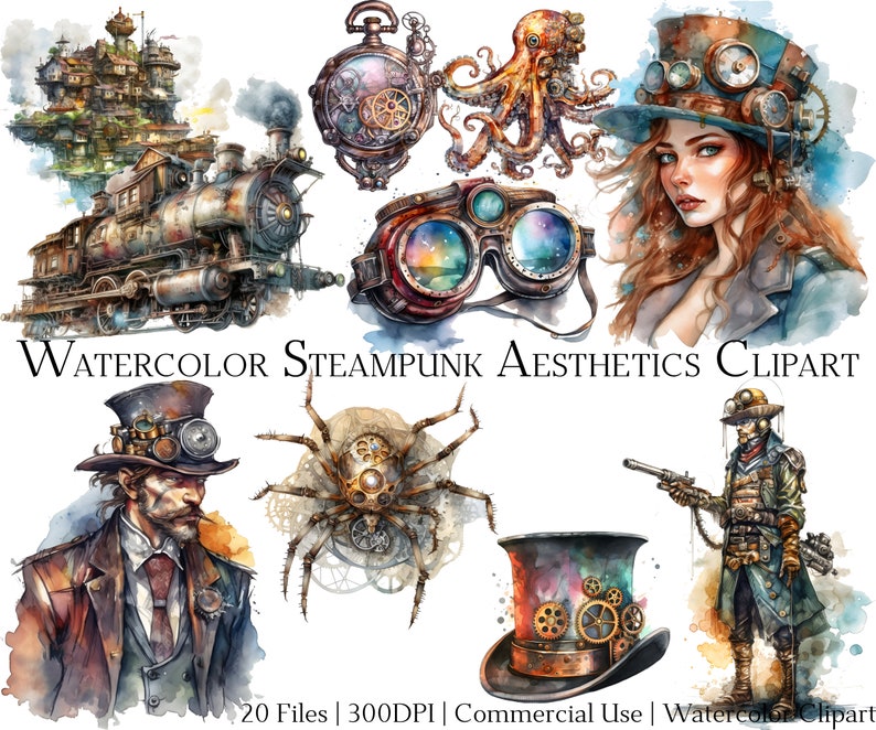 K&ouml;nnte beinhalten: Aquarell-Clipart-Set mit Steampunk-&Auml;sthetik. Das Set enth&auml;lt eine Uhr, eine Schutzbrille, eine Spinne, einen Zug, einen Hut, einen Oktopus und eine Person in einem Steampunk-Outfit. Die Bilder sind im Aquarell-Stil mit einem Vintage-Flair gemalt.