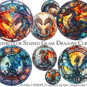 Watercolor Stained Glass Dragon Clipart Set of 20 Files with Instant Download & Commercial Use, PNG + PDF Format, DIY Crafts.