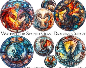 Watercolor Stained Glass Dragon Clipart: Fantasy Art (PNG + PDF)