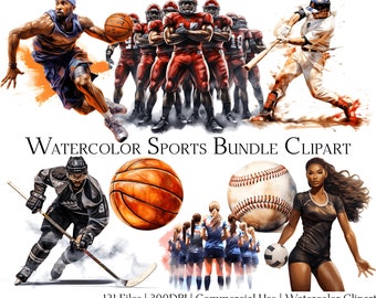 Watercolor Sports Clipart Bundle: 121 PNG & PDF Files (Commercial Use)