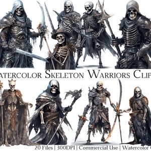May include: Watercolor clipart of skeleton warriors in various poses, wearing armor and wielding weapons. The skeletons are depicted in a realistic style with detailed bone structures and a dark, ominous color palette.