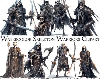 Watercolor Gothic Skeleton Warrior Clipart Set of 20 Files with Instant Download & Commercial Use, PNG + PDF Format, Perfect for DIY Crafts.