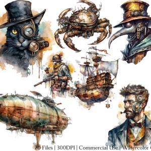 K&ouml;nnte beinhalten: Ein Set mit 10 Aquarell-Illustrationen mit steampunk-motivischen Figuren und Objekten. Die Illustrationen beinhalten eine schwarze Katze mit Zylinder und Schutzbrille, eine mechanische Krabbe, einen Steampunk-Arzt mit Pestmaske, ein Steampunk-Luftschiff, ein Steampunk-Schiff und einen Steampunk-Mann mit Bart und Schutzbrille.