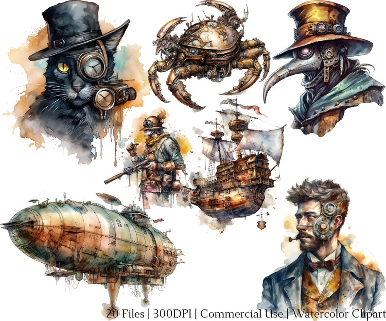 K&ouml;nnte beinhalten: Ein Set mit 10 Aquarell-Illustrationen mit steampunk-motivischen Figuren und Objekten. Die Illustrationen beinhalten eine schwarze Katze mit Zylinder und Schutzbrille, eine mechanische Krabbe, einen Steampunk-Arzt mit Pestmaske, ein Steampunk-Luftschiff, ein Steampunk-Schiff und einen Steampunk-Mann mit Bart und Schutzbrille.
