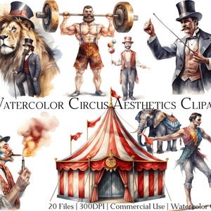 Aquarel circus esthetiek clipartset van 20 bestanden met directe download en commercieel gebruik, png- en pdf-indeling, perfect voor doe-het-zelvers