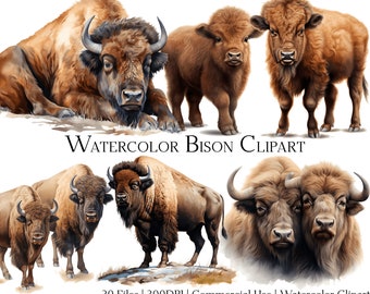 Watercolor Bison Clipart Set of 20 Files with Instant Download & Commercial Use, PNG + PDF Format, Perfect for DIY Crafts.