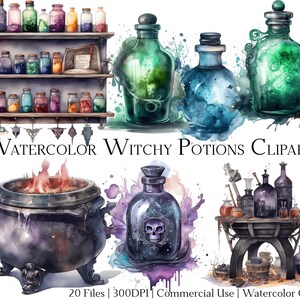 May include: Watercolor clipart set of 20 witchy potion bottles, jars, and a cauldron. The bottles are in various colors and shapes, with some featuring skulls and other magical designs. The cauldron is black with a purple and blue starry sky design and has flames inside.
