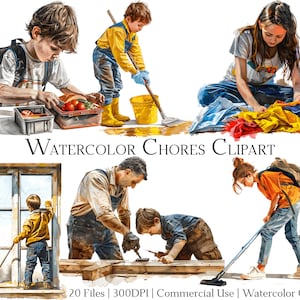 Watercolor Chores Clipart Set of 20 Files with Instant Download & Commercial Use, PNG + PDF Format, Perfect for Crafts