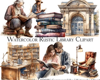 Watercolor Rustic Library Clipart Set of 20 Files with Instant Download & Commercial Use, PNG + PDF Format, DIY Crafts.