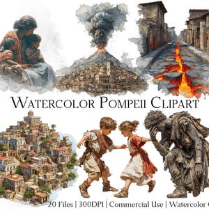Könnte beinhalten: Aquarell-Cliparts mit Illustrationen von Pompeji, darunter ein Vulkanausbruch, antike Stadtlandschaften und Figuren in klassischer Kleidung. Der Text lautet "Watercolor Pompeii Clipart".