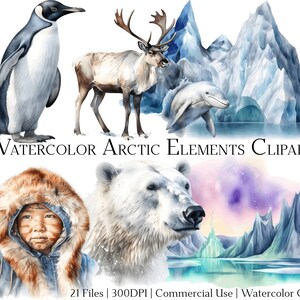 Aquarell Arctic Elements Clipart-Set mit 21 Dateien mit sofortigem Download und kommerzieller Nutzung, PNG + PDF-Format, perfekt für DIY-Handwerk