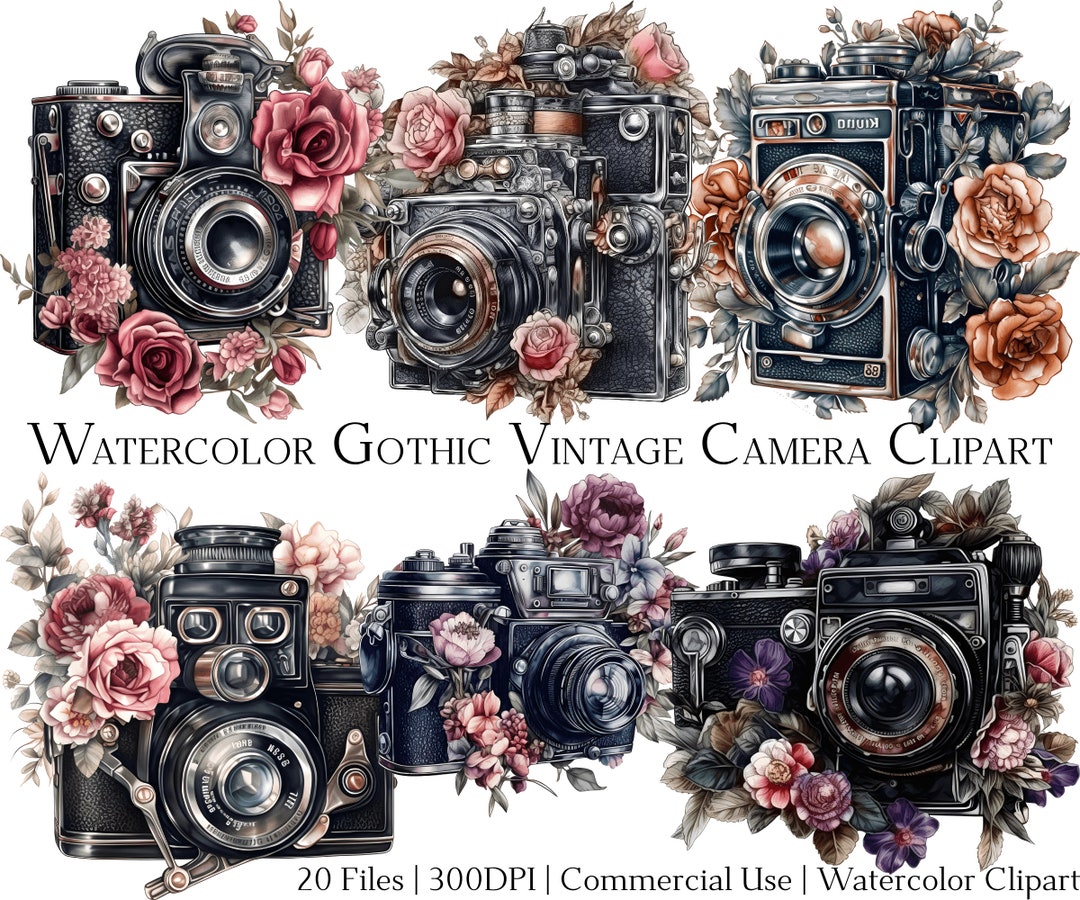 Watercolor Gothic Vintage Camera Clipart: Floral Camera Art (PNG + PDF ...