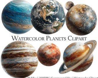 Watercolor Planets Clipart Set: Commercial Use PNG & PDF (Digital Download)
