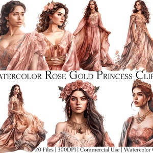 Conjunto de 20 archivos de imágenes prediseñadas de princesa de oro rosa en acuarela con descarga instantánea y uso comercial, formato PNG + PDF, perfecto para manualidades de bricolaje.