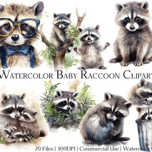 Aquarel baby wasbeer clipartset van 20 bestanden met directe download en commercieel gebruik, png + pdf-formaat, perfect voor doe-het-zelf-kunst.