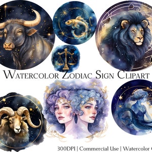 Watercolor Zodiac Sign Clipart Set of 12 Files with Instant Download & Commercial Use, PNG + PDF Format Perfect for DIY Crafts.