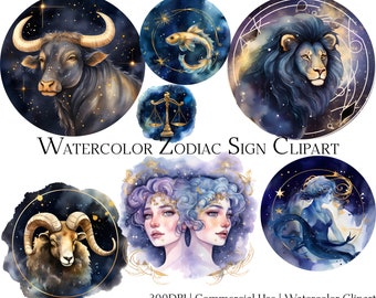 Clipart de signo do zodíaco em aquarela: PNG celestial + PDF (uso comercial)