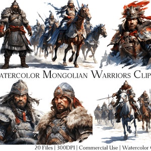 Conjunto de 20 archivos de imágenes prediseñadas de guerreros mongoles en acuarela con descarga instantánea y uso comercial, formato PNG + PDF, perfecto para manualidades de bricolaje.