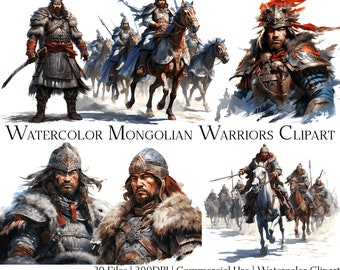 Watercolor Mongolian Warriors Clipart Set of 20 Files with Instant Download & Commercial Use, PNG + PDF Format, Perfect for DIY Crafts.