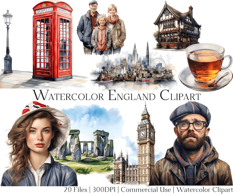 Watercolor England Clipart Set of 20 Files With Instant Download ...