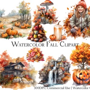 Conjunto de 20 arquivos de clipart de outono em aquarela com download instantâneo e uso comercial, formato PNG + PDF, perfeito para artesanato "faça você mesmo".