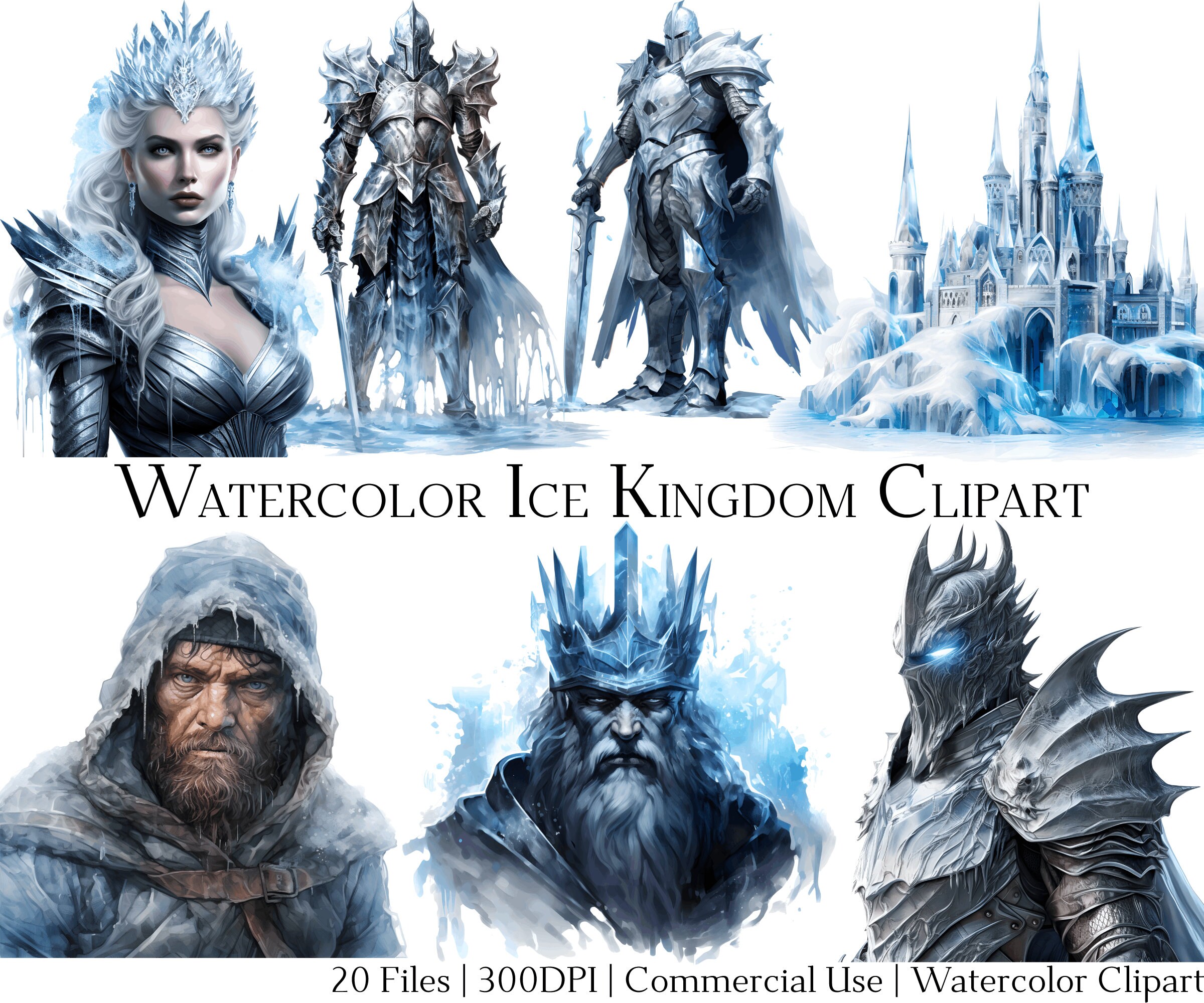 Watercolor Ice Kingdom Clipart Set of 20 Files with Instant Download & Commercial Use, PNG + PDF Format Perfect for DIY Crafts.