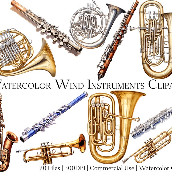 Watercolor Wind Instruments Clipart Set of 20 Files with Instant Download & Commercial Use, PNG + PDF Format, Perfect for DIY Crafts.