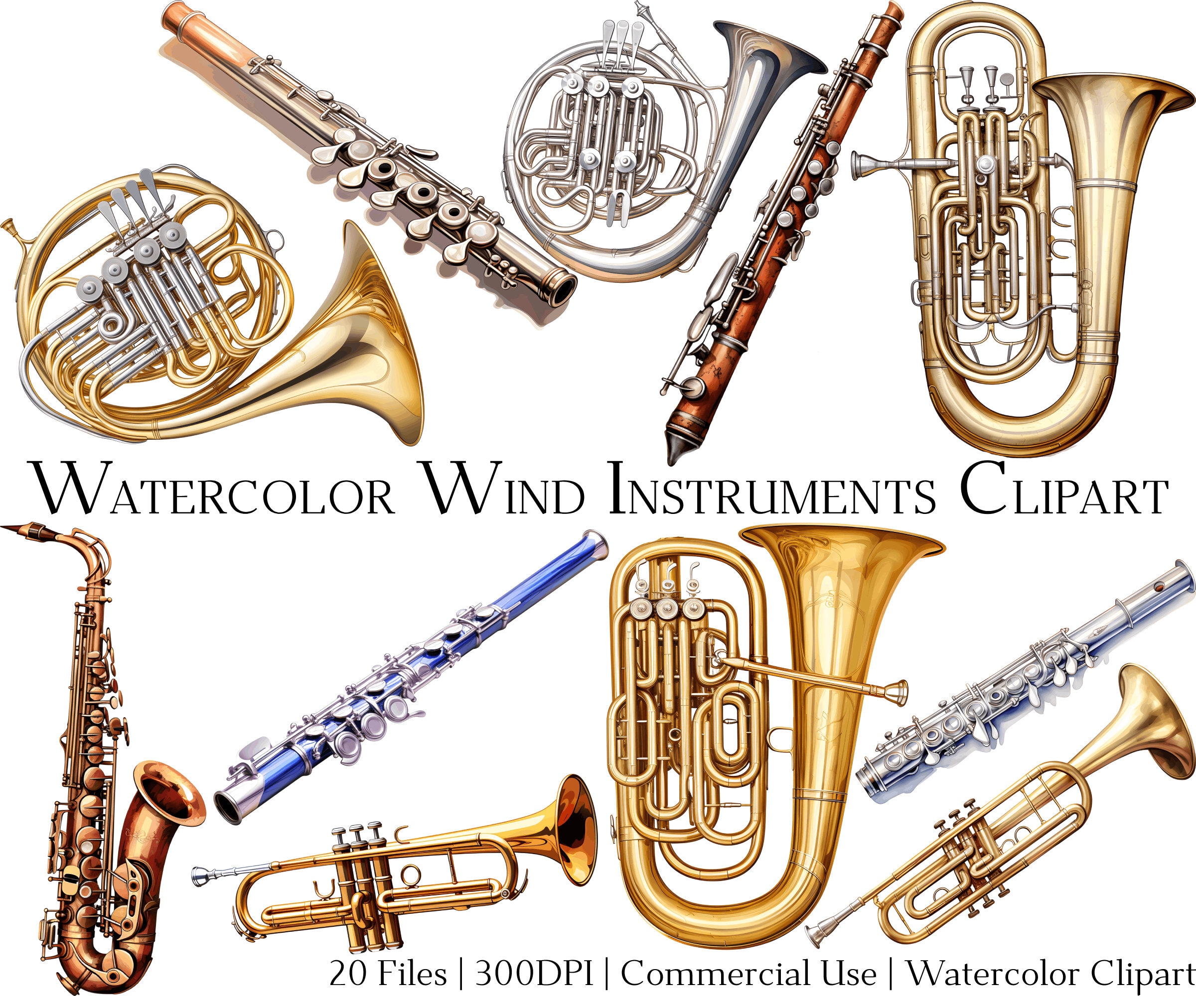 Watercolor Wind Instruments Clipart Set of 20 Files with Instant Download & Commercial Use, PNG + PDF Format, Perfect for DIY Crafts.