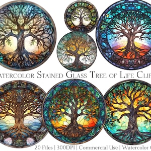 Aquarell Glasmalerei Baum des Lebens Clipart-Set mit 20 Dateien mit sofortigem Download und kommerzieller Nutzung, PNG + PDF-Format, perfekt für das Basteln.