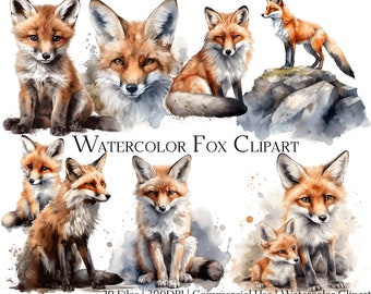 Ensemble de clipart renard aquarelle : 20 fichiers PNG et PDF (usage commercial)