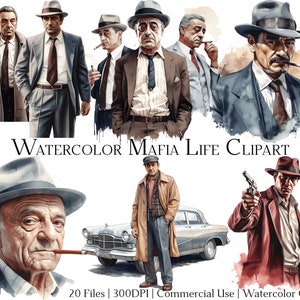 Op de afbeelding: Waterverf clipart met illustraties van mannen in pakken en fedora hoeden, die doen denken aan een maffia thema. De afbeeldingen tonen verschillende poses, waaronder het roken van sigaren en het vasthouden van een pistool. De tekst "Watercolor Mafia Life Clipart" is ook zichtbaar.