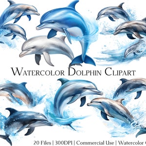 Aquarell Delphin Clipart-Set mit 20 Dateien mit sofortigem Download und kommerzieller Nutzung, PNG + PDF-Format Perfekt für Heimwerker.