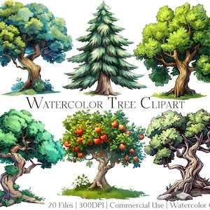 Conjunto de clipart de árvores em aquarela com 20 arquivos com download instantâneo e uso comercial, formato PNG + PDF, perfeito para artesanato