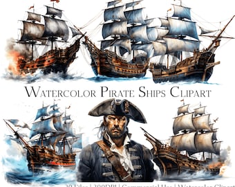 Puede incluir: Clipart de barcos piratas en acuarela con varias ilustraciones detalladas de veleros en alta mar. Los barcos están representados en tonos marrones, negros y blancos, con velas ondeantes y olas rompiendo. La imagen también incluye un retrato de un pirata.