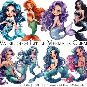 Aquarell Meerjungfrauen Clipart-Set mit 20 Dateien mit sofortigem Download und kommerzieller Nutzung, PNG + PDF-Format, perfekt für Heimwerker.