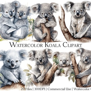 Watercolor Adorable Koala Clipart Set of 20 Files with Instant Download & Commercial Use, PNG + PDF Format, Perfect for DIY Crafts.