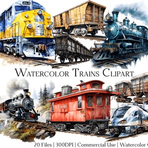 Conjunto de clipart de trens em aquarela com 20 arquivos com download instantâneo e uso comercial, formato PNG + PDF, perfeito para artesanato DIY