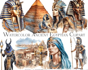 Watercolor Ancient Egyptian Clipart: Pharaohs, Pyramids (PNG + PDF)
