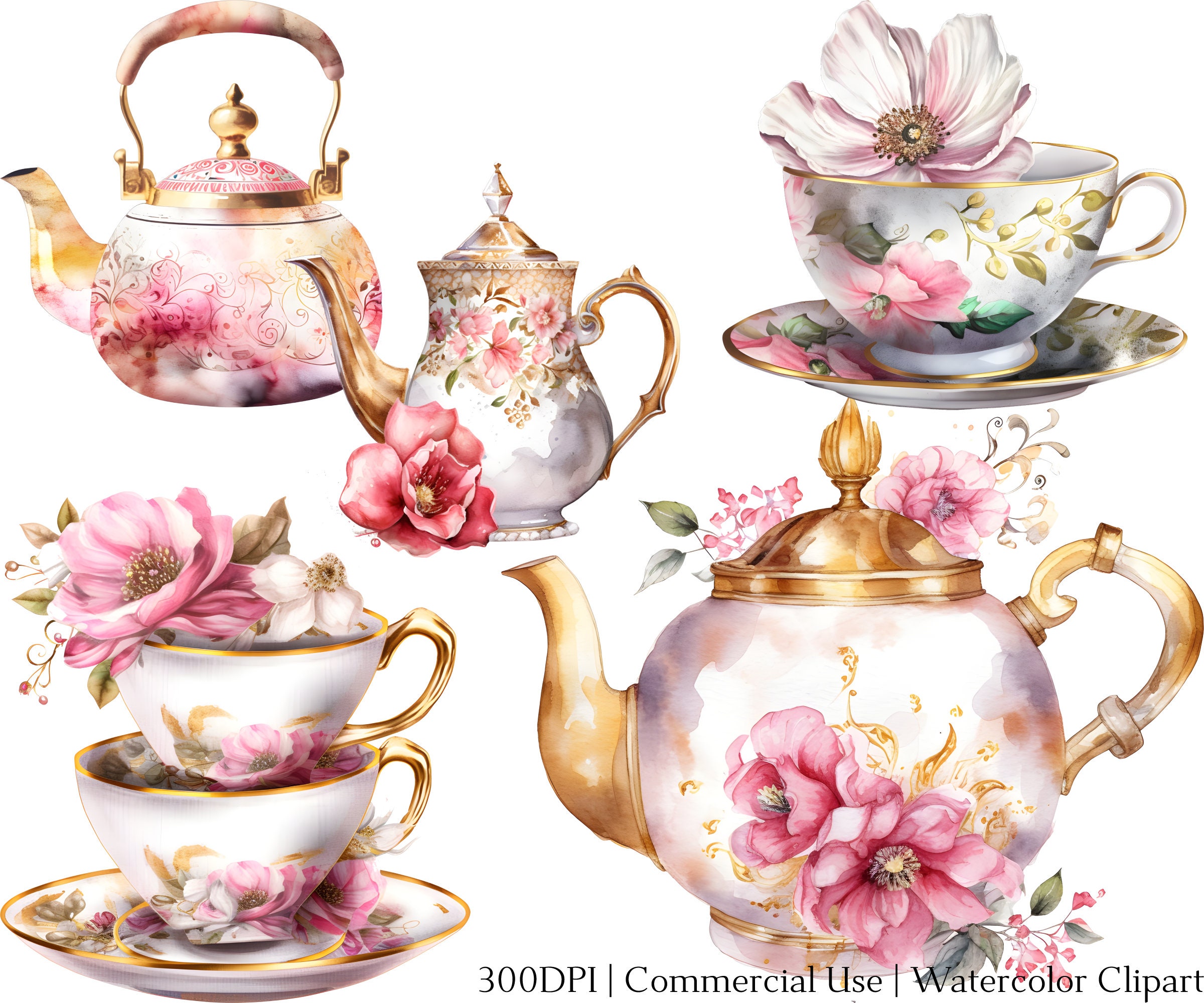 水彩画 ティーセット 絵画 水彩ピンクのティークリップアートセット：花柄ティーパーティー