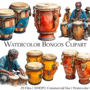 May include: Watercolor illustration of several bongos in various colors, including red, yellow, and blue. The image includes a group of musicians playing the drums. The text "Watercolor Bongos Clipart" is also visible.
