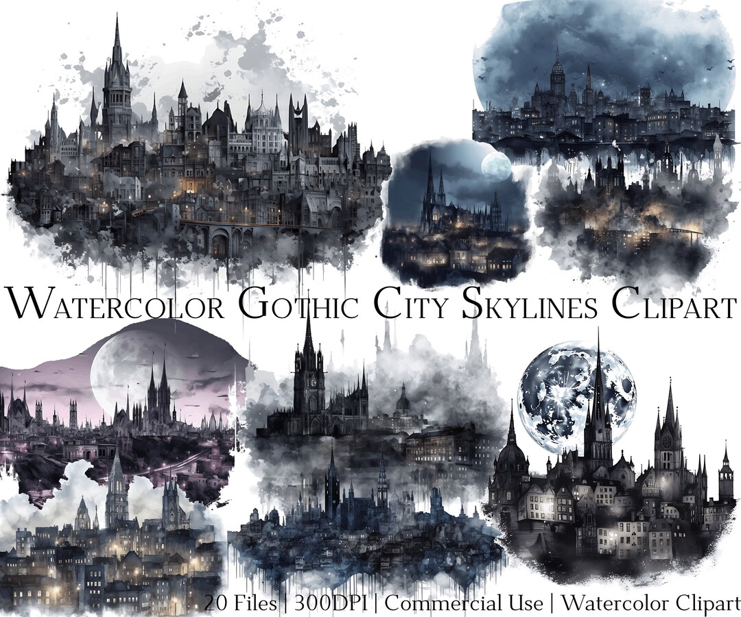 Watercolor Gothic City Skylines Clipart (PNG + PDF) - Etsy