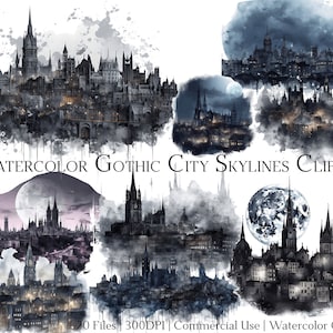 Watercolor Gothic City Skylines Clipart Set of 20 Files with Instant Download & Commercial Use, PNG + PDF Format, Perfect for DIY Crafts.
