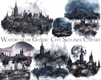Watercolor Gothic City Skylines Clipart (PNG + PDF)