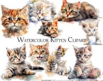 Conjunto de clipart de gatinhos em aquarela: 20 arquivos PNG e PDF (uso comercial)